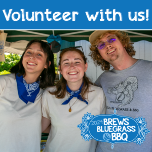 Three smiling young people wearing blue bandanas standing under a pop-up tent. The words "Volunteer with us" are laid over them and the BBB logo is in the corner.